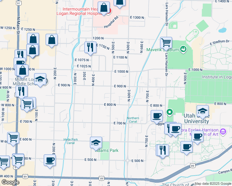map of restaurants, bars, coffee shops, grocery stores, and more near 546 East 900 North in Logan