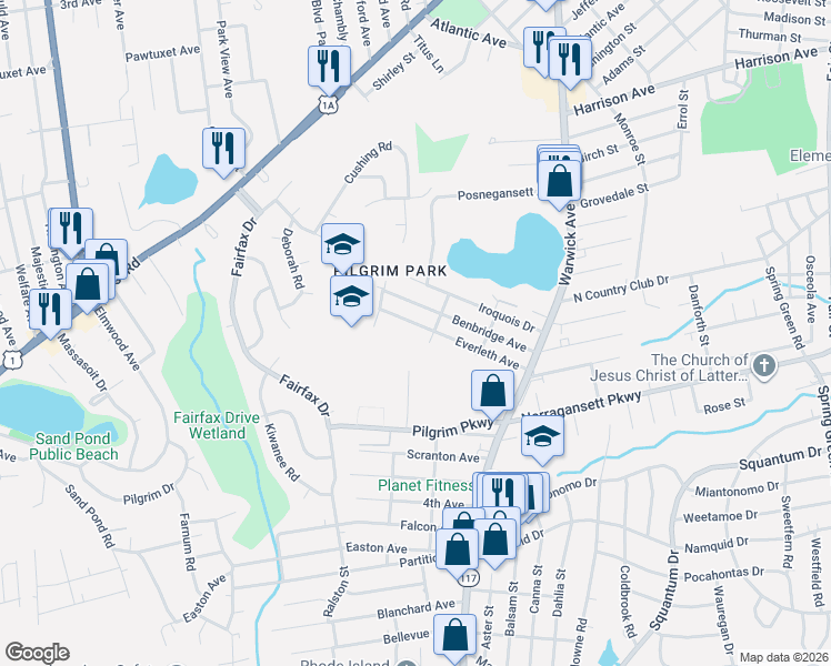 map of restaurants, bars, coffee shops, grocery stores, and more near 136 Everleth Avenue in Warwick
