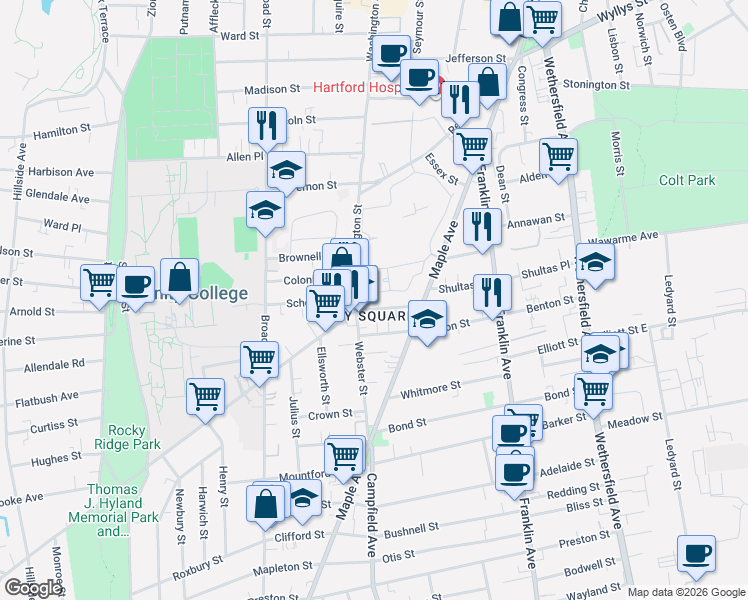 map of restaurants, bars, coffee shops, grocery stores, and more near 118 Webster Street in Hartford