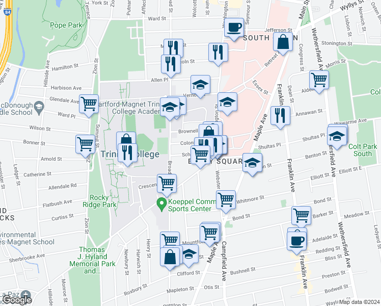 map of restaurants, bars, coffee shops, grocery stores, and more near 45 Colonial Street in Hartford