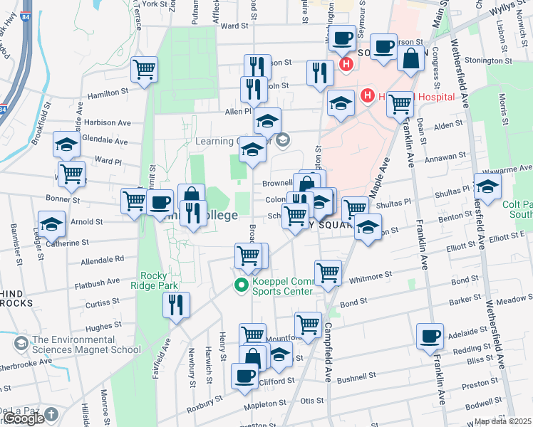 map of restaurants, bars, coffee shops, grocery stores, and more near 67 Colonial Street in Hartford