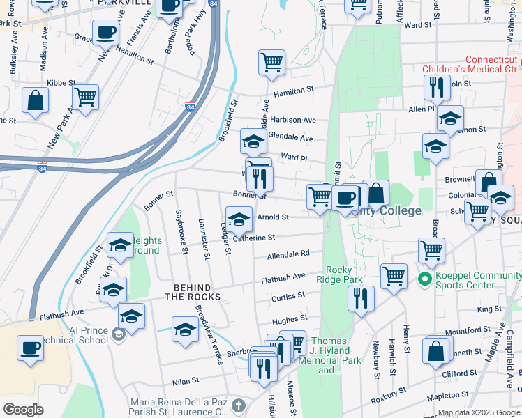 map of restaurants, bars, coffee shops, grocery stores, and more near in Hartford
