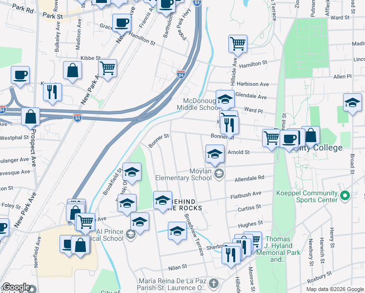 map of restaurants, bars, coffee shops, grocery stores, and more near 15 Bannister Street in Hartford