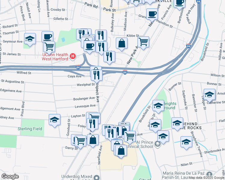 map of restaurants, bars, coffee shops, grocery stores, and more near in Hartford
