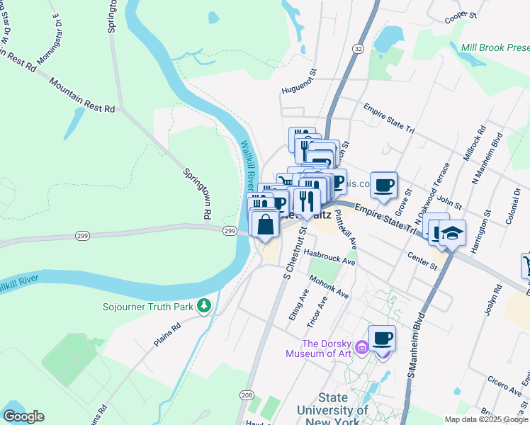 map of restaurants, bars, coffee shops, grocery stores, and more near 25 Huguenot Street in New Paltz