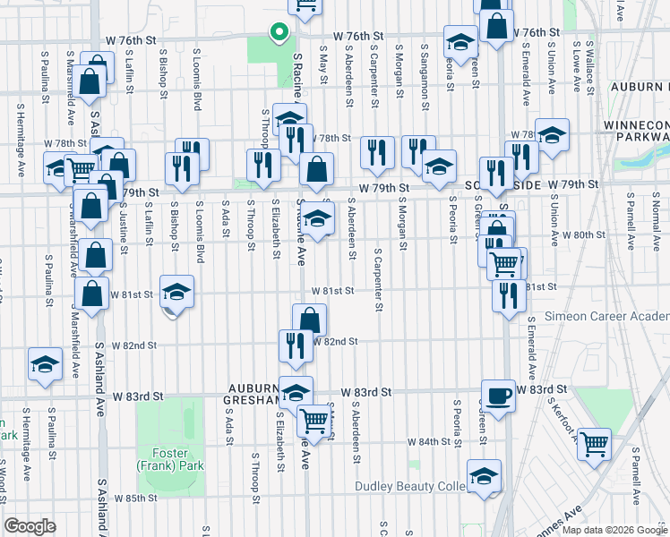 map of restaurants, bars, coffee shops, grocery stores, and more near 8020 South May Street in Chicago