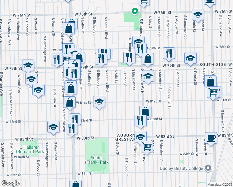 map of restaurants, bars, coffee shops, grocery stores, and more near 8019 South Ada Street in Chicago