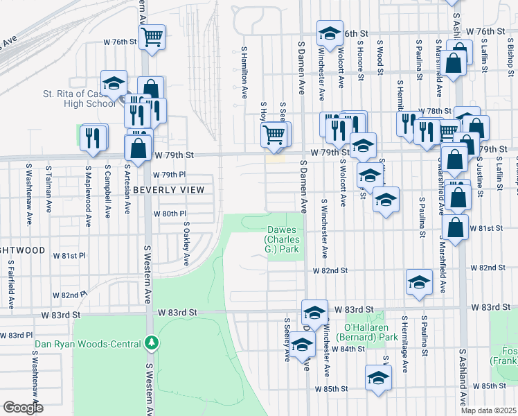 map of restaurants, bars, coffee shops, grocery stores, and more near 2155 West 80th Street in Chicago