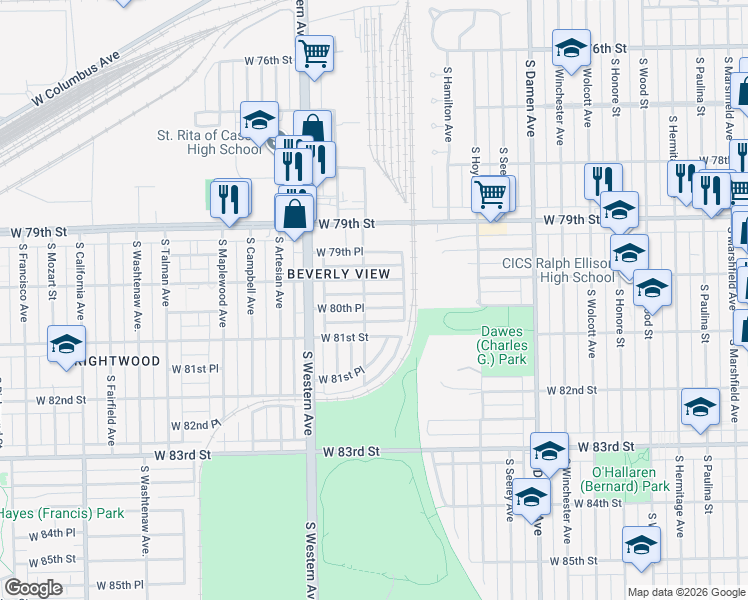map of restaurants, bars, coffee shops, grocery stores, and more near 2233 West 80th Street in Chicago