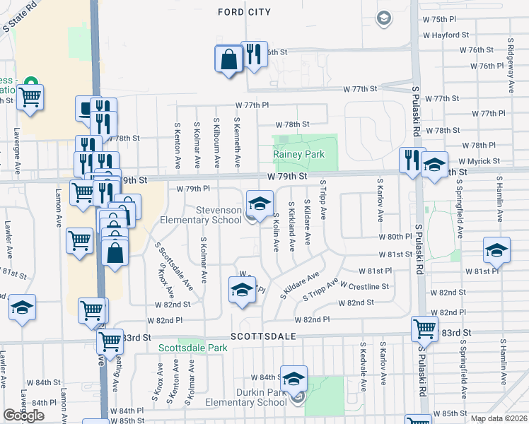 map of restaurants, bars, coffee shops, grocery stores, and more near 7940 South Kostner Avenue in Chicago