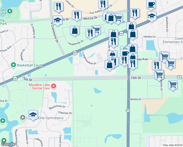 map of restaurants, bars, coffee shops, grocery stores, and more near 4223 Windrift Drive in Aurora