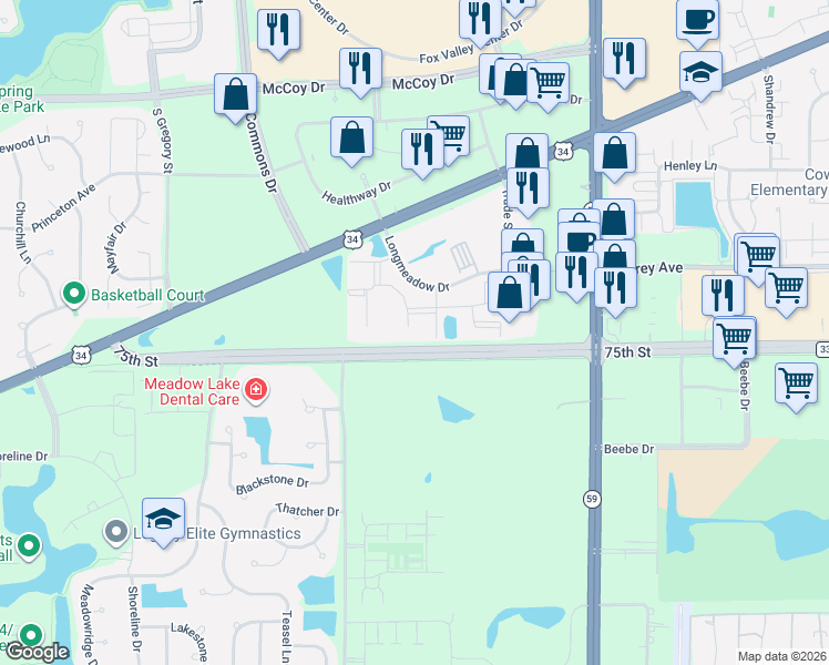 map of restaurants, bars, coffee shops, grocery stores, and more near 4132 Landing Drive in Aurora