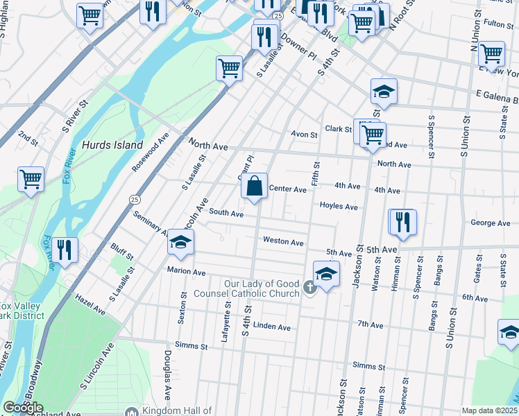 map of restaurants, bars, coffee shops, grocery stores, and more near 414 South 4th Street in Aurora