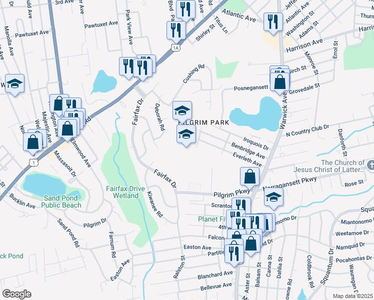 map of restaurants, bars, coffee shops, grocery stores, and more near 111 Pilgrim Parkway in Warwick