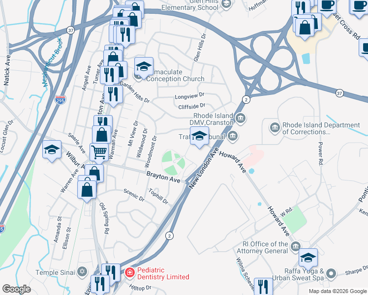 map of restaurants, bars, coffee shops, grocery stores, and more near 25 Brayton Avenue in Cranston