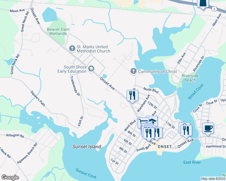 map of restaurants, bars, coffee shops, grocery stores, and more near 282 Onset Avenue in Wareham