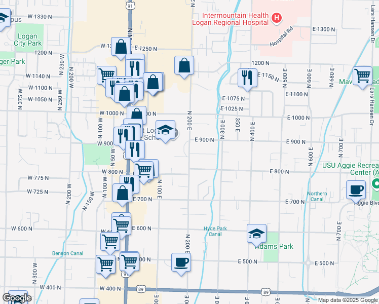 map of restaurants, bars, coffee shops, grocery stores, and more near 875 North 200 East in Logan