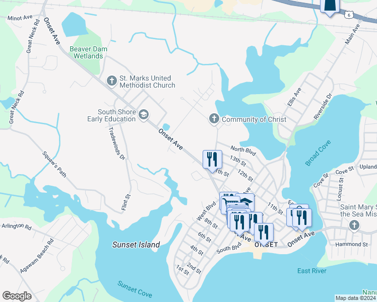 map of restaurants, bars, coffee shops, grocery stores, and more near 327 Onset Avenue in Wareham