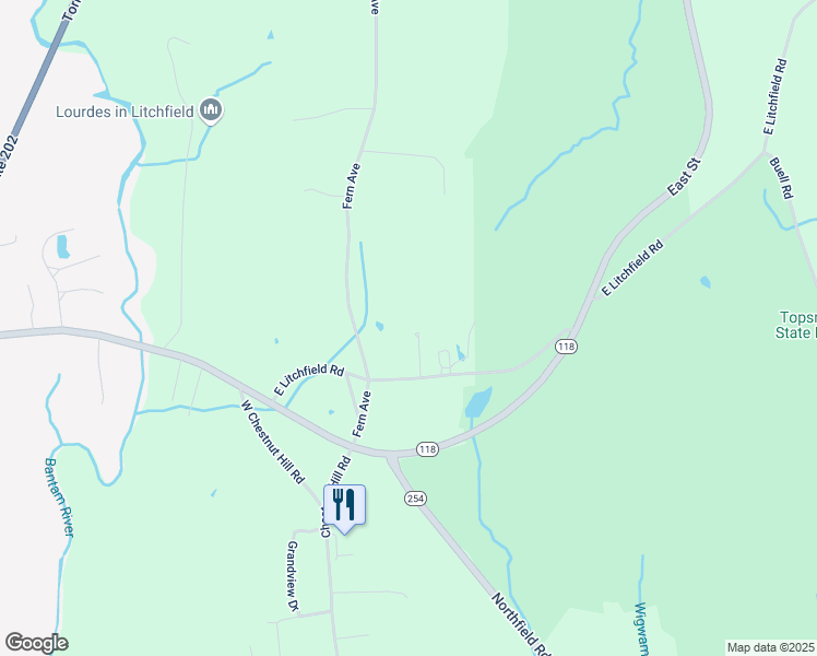 map of restaurants, bars, coffee shops, grocery stores, and more near 43 East Litchfield Road in Litchfield