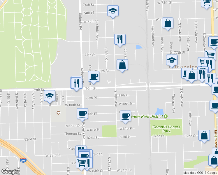 map of restaurants, bars, coffee shops, grocery stores, and more near 78th Court in Bridgeview