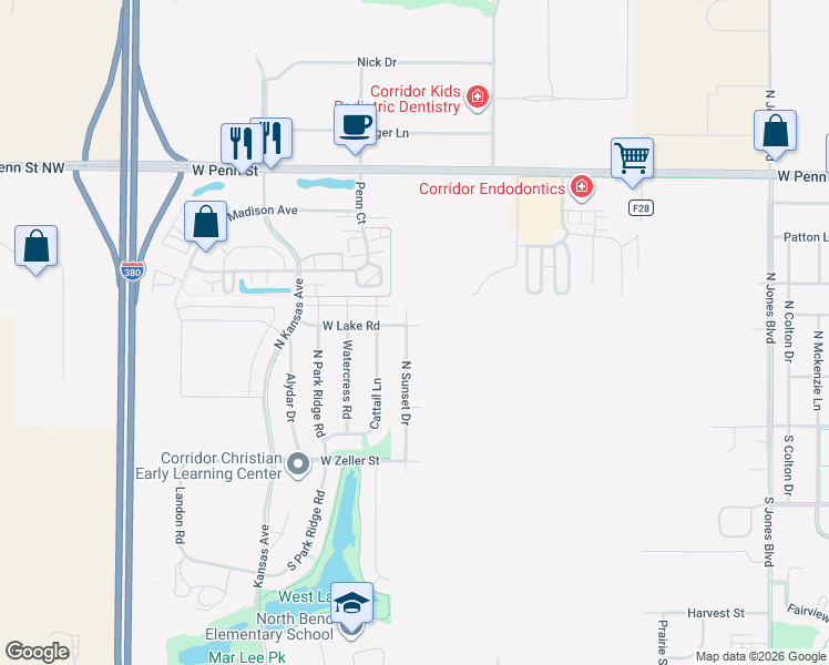 map of restaurants, bars, coffee shops, grocery stores, and more near 290 North Sunset Drive in North Liberty