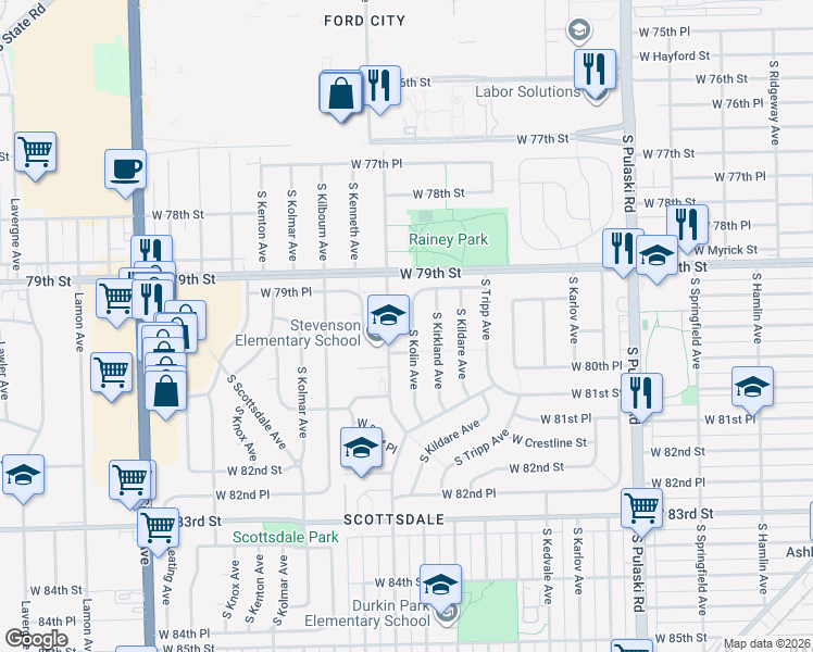 map of restaurants, bars, coffee shops, grocery stores, and more near 7952 South Kolin Avenue in Chicago