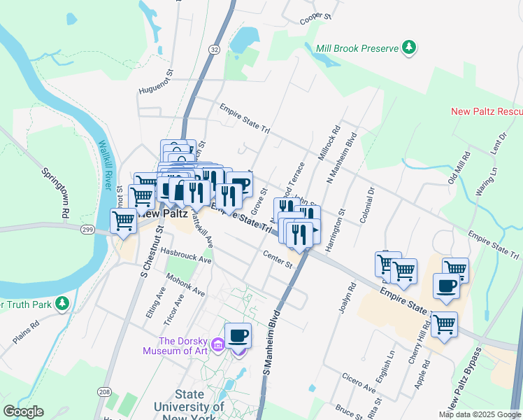 map of restaurants, bars, coffee shops, grocery stores, and more near 8 Grove Street in New Paltz