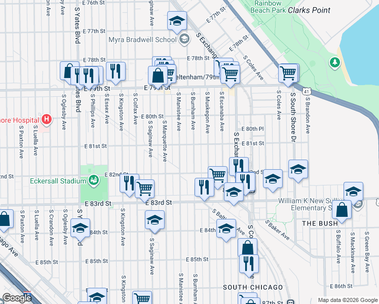 map of restaurants, bars, coffee shops, grocery stores, and more near 8105 South Burnham Avenue in Chicago