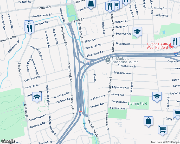 map of restaurants, bars, coffee shops, grocery stores, and more near 3 Elm Drive in West Hartford