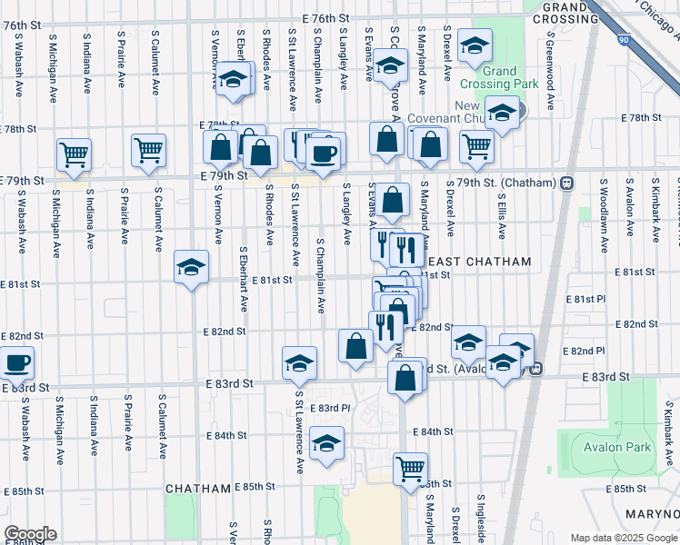map of restaurants, bars, coffee shops, grocery stores, and more near 8049 South Langley Avenue in Chicago