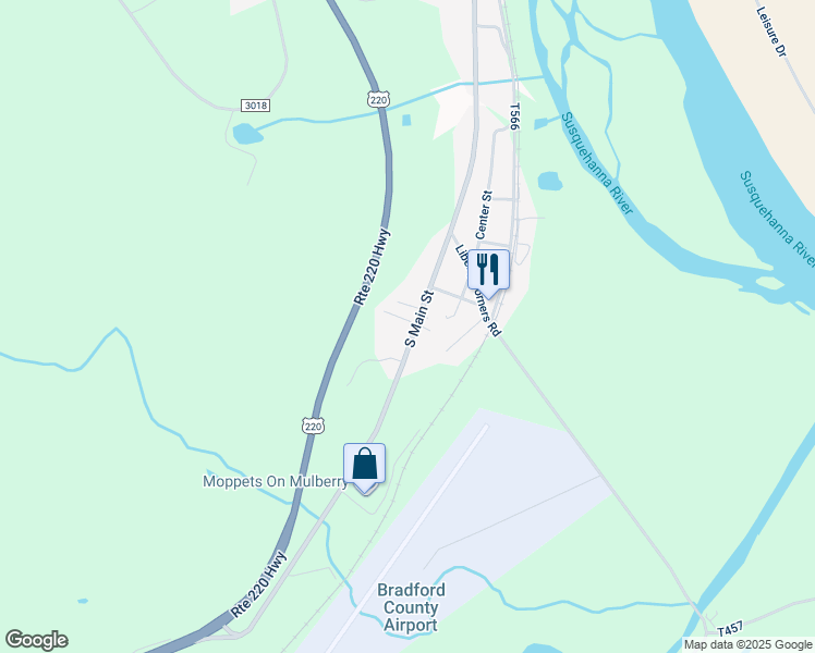 map of restaurants, bars, coffee shops, grocery stores, and more near 1036 South Main Street in Towanda