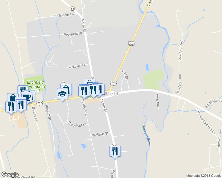 map of restaurants, bars, coffee shops, grocery stores, and more near 38 Torrington Road in Litchfield