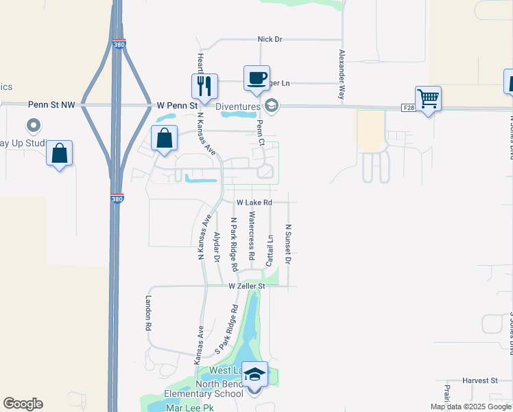 map of restaurants, bars, coffee shops, grocery stores, and more near 292 Watercress Road in North Liberty