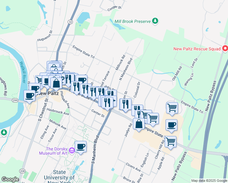 map of restaurants, bars, coffee shops, grocery stores, and more near 21 North Manheim Boulevard in New Paltz