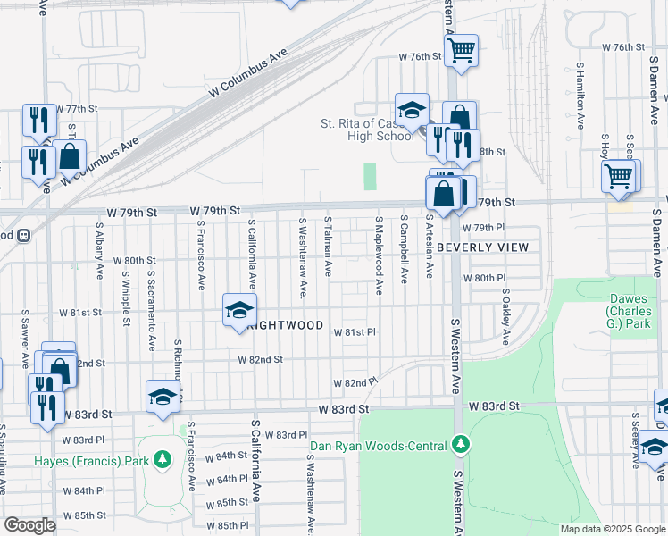 map of restaurants, bars, coffee shops, grocery stores, and more near 8011 South Talman Avenue in Chicago