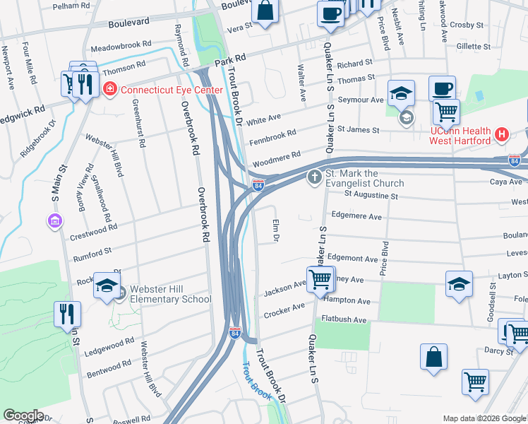 map of restaurants, bars, coffee shops, grocery stores, and more near 3 Elm Drive in West Hartford