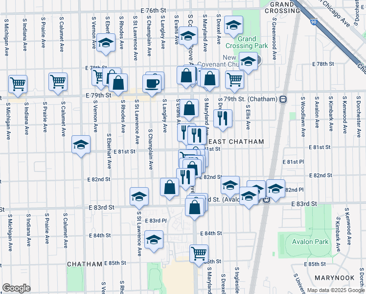 map of restaurants, bars, coffee shops, grocery stores, and more near 8049 South Evans Avenue in Chicago