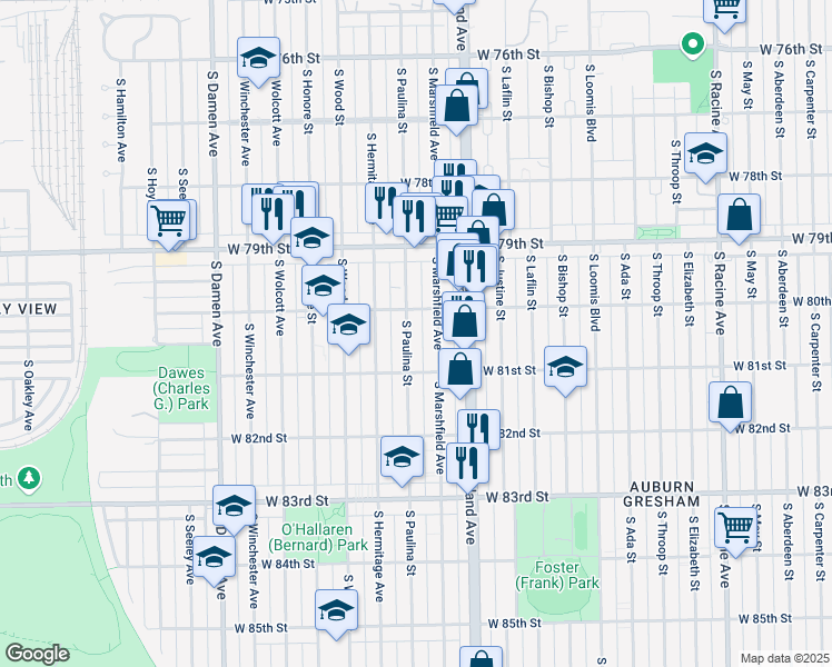 map of restaurants, bars, coffee shops, grocery stores, and more near 8023 South Paulina Street in Chicago