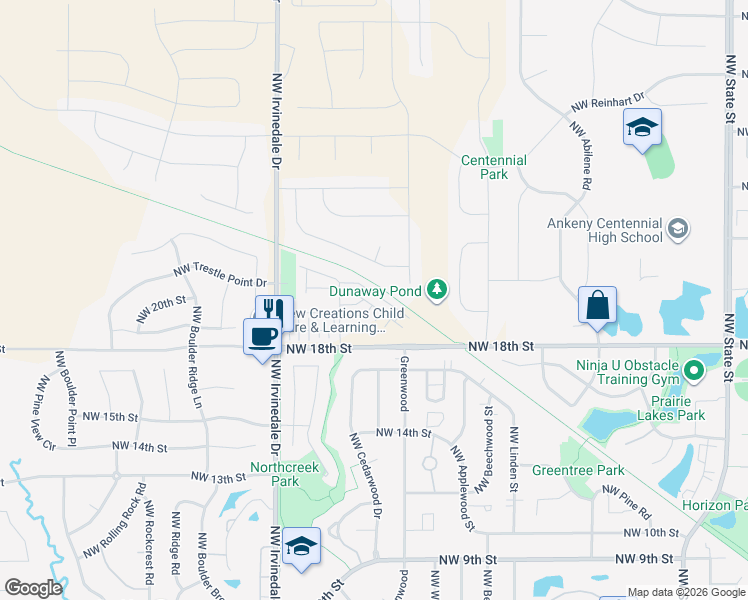 map of restaurants, bars, coffee shops, grocery stores, and more near 2619 Northwest Penny Lane in Ankeny