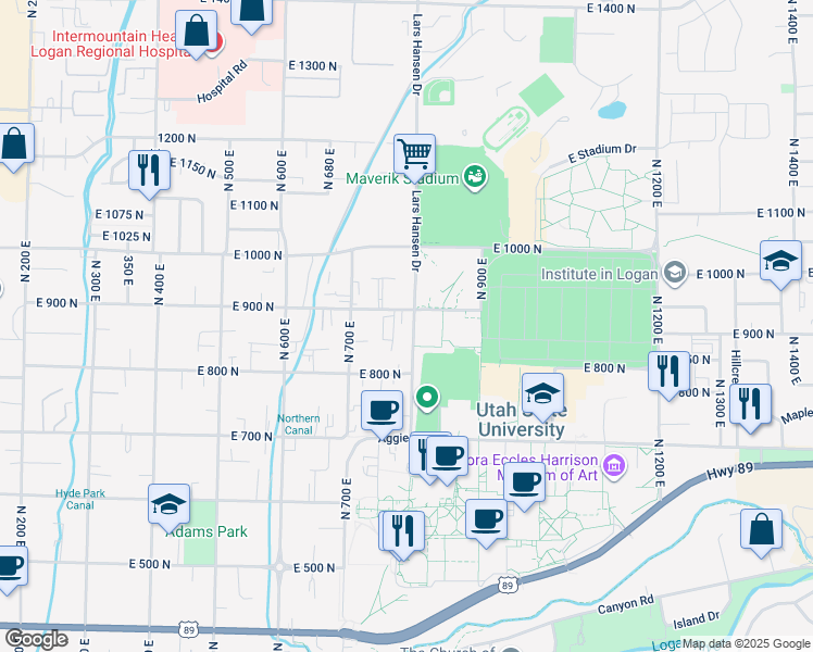 map of restaurants, bars, coffee shops, grocery stores, and more near 899 North 800 East in Logan