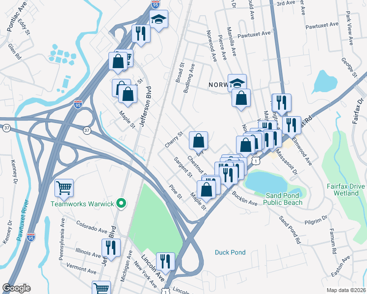 map of restaurants, bars, coffee shops, grocery stores, and more near 337 Elm Street in Warwick