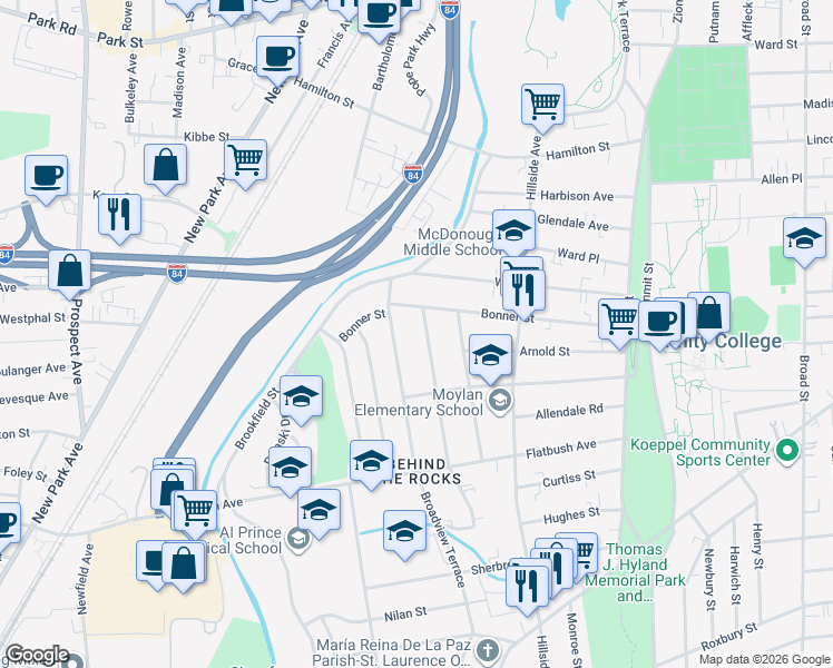 map of restaurants, bars, coffee shops, grocery stores, and more near 15 Bannister Street in Hartford