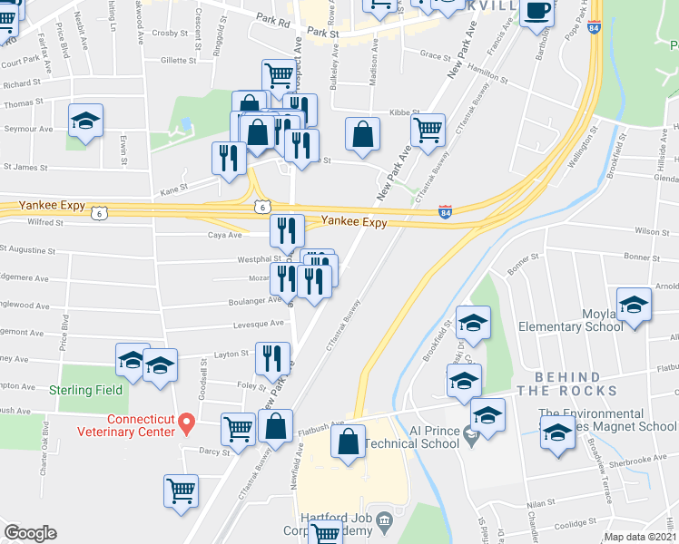map of restaurants, bars, coffee shops, grocery stores, and more near in Hartford