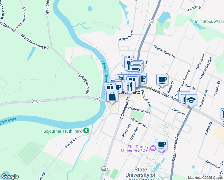 map of restaurants, bars, coffee shops, grocery stores, and more near 25 Huguenot Street in New Paltz