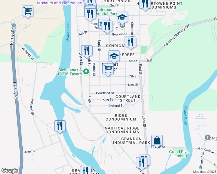 map of restaurants, bars, coffee shops, grocery stores, and more near 314 New Street in Painesville