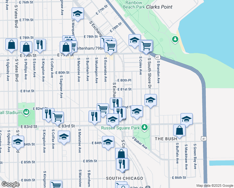 map of restaurants, bars, coffee shops, grocery stores, and more near 2955 East 81st Street in Chicago