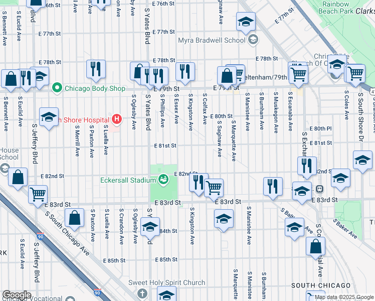 map of restaurants, bars, coffee shops, grocery stores, and more near 8105 South Kingston Avenue in Chicago