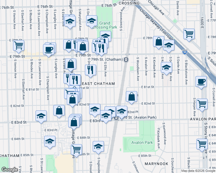 map of restaurants, bars, coffee shops, grocery stores, and more near 8051 South Ellis Avenue in Chicago