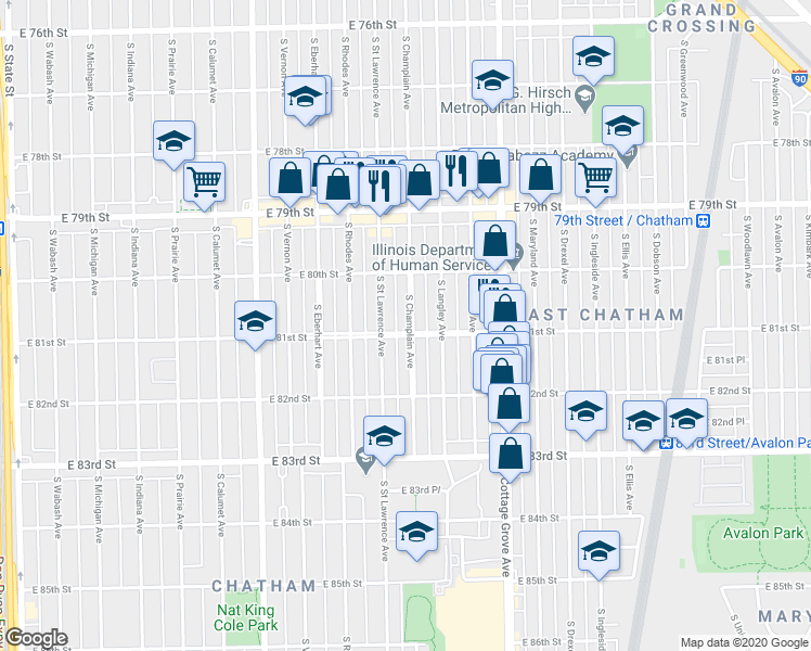 map of restaurants, bars, coffee shops, grocery stores, and more near 8046 South Champlain Avenue in Chicago