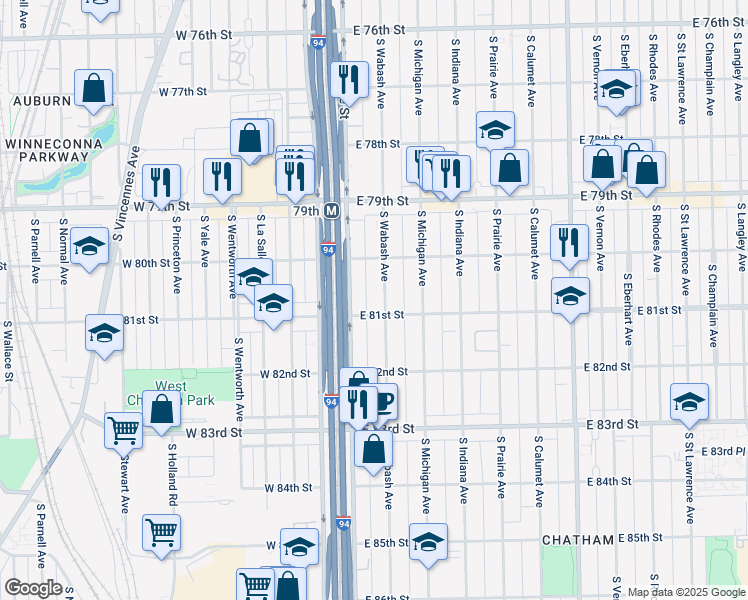 map of restaurants, bars, coffee shops, grocery stores, and more near 8041 South State Street in Chicago